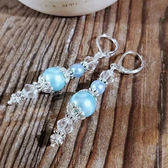 Light Blue Glass Pearl Sterling Silver Plated Handcrafted Dangle Earrings - Picture 5 of 11